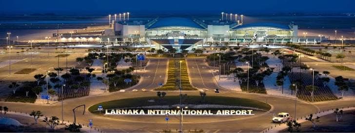 Larnaca International Airport lit up at night